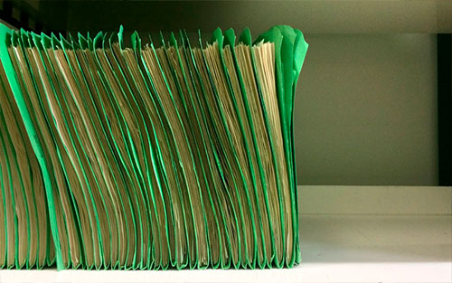 Foto de folders verdes de expedientes apilados en estante